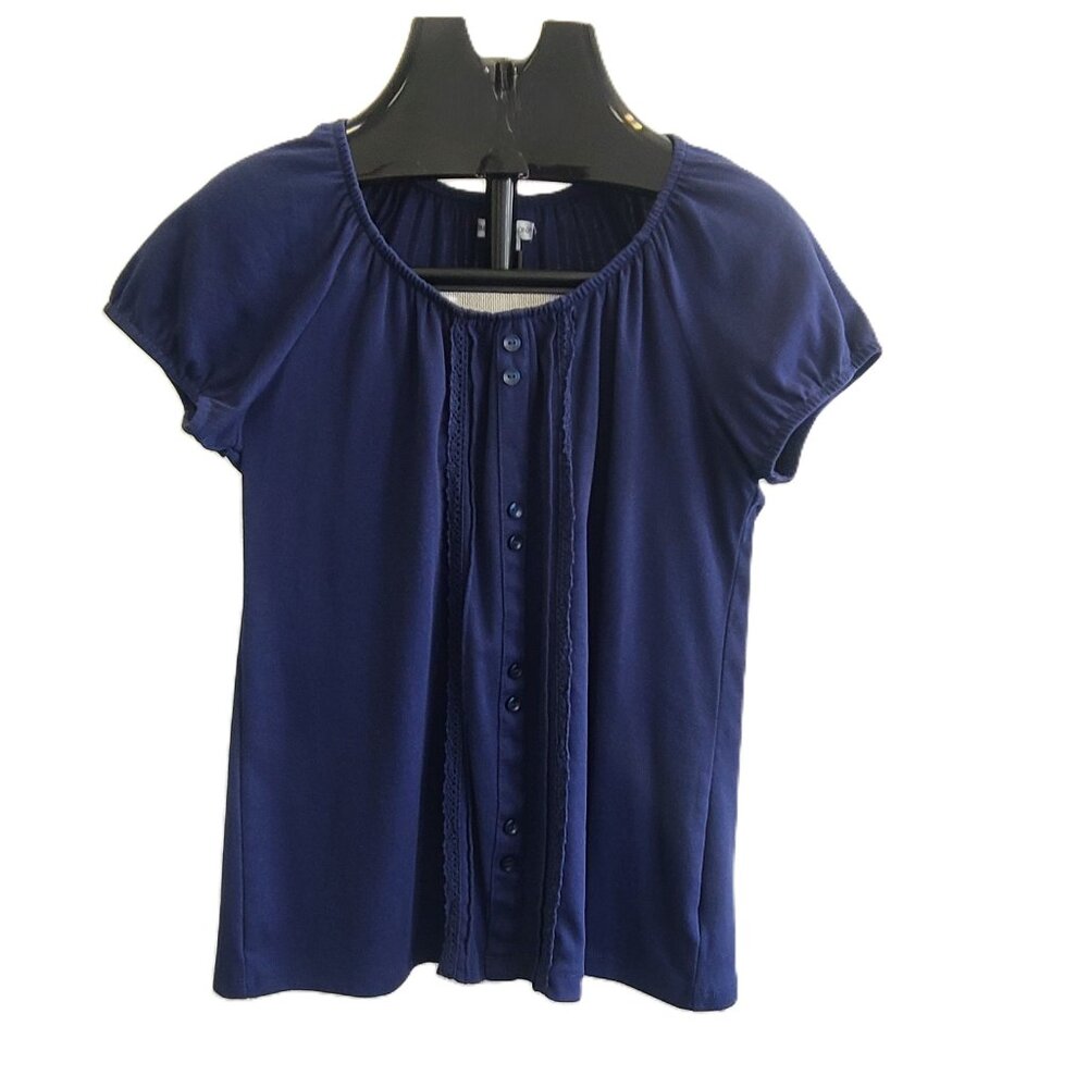 REBECCA MALONE Navy Blue Cotton Blend Short Sleeve Top Small Relaxed Stretchy